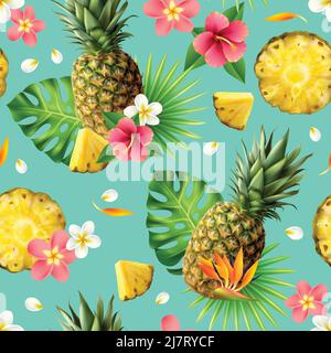 Realistic colorful seamless pattern with pineapples and flowers vector illustration Stock Vector