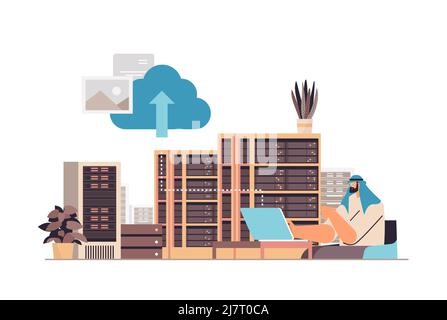 arab man working in data center technical room hosting server database concept horizontal portrait Stock Vector