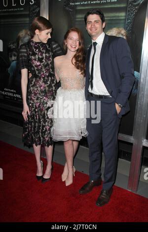 LOS ANGELES - APR 3:  Karen Gillan, Annalise Basso, James Lafferty at the 'Oculus' Los Angeles Screening at the TCL Chinese 6 Theaters on April 3, 2014 in Los Angeles, CA Stock Photo