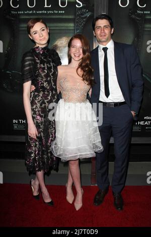 LOS ANGELES - APR 3:  Karen Gillan, Annalise Basso, James Lafferty at the 'Oculus' Los Angeles Screening at the TCL Chinese 6 Theaters on April 3, 2014 in Los Angeles, CA Stock Photo