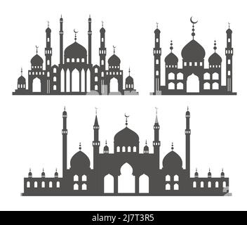 Mosque with minarets silhouettes. Islamic architecture set on skyline. Istanbul cityscape isolated on white background. Stock Vector