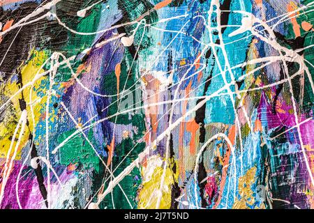 abstract painted canvas background with multicolored paint splashes and blots Stock Photo