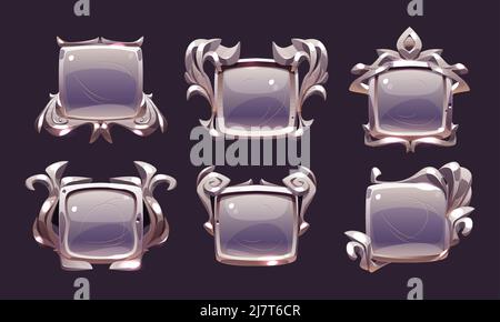 Game level metallic ui badges, empty silver or steel square banners. Isolated metal award frames or bonus graphic elements, trophy achievement, winner appreciation or user experience, Vector icons set Stock Vector