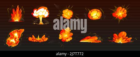 Bomb explosions, fire bursts and atomic mushroom cloud isolated on black background. Vector cartoon set of blasts with flame and flash from dynamite, nuclear weapon or rocket Stock Vector