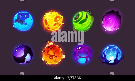 Magic spheres, shiny energy balls for game interface design. Vector cartoon set of different color glowing orbs, fantasy bright circle signs with light effects isolated on background Stock Vector