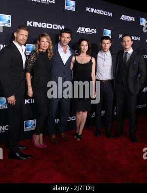 iLOS ANGELES - OCT 1:  Nick Jonas, Joanna Going, Matt Lauria, Kiele Sanchez, Frank Grillo and Jonathan Tucker at the 'Kingdom' Premiere at Muscle Beach on October 1, 2014 in Venice, CA Stock Photo