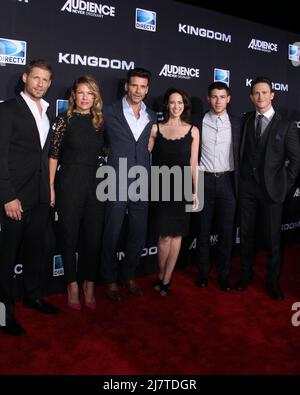 iLOS ANGELES - OCT 1:  Nick Jonas, Joanna Going, Matt Lauria, Kiele Sanchez, Frank Grillo and Jonathan Tucker at the 'Kingdom' Premiere at Muscle Beach on October 1, 2014 in Venice, CA Stock Photo