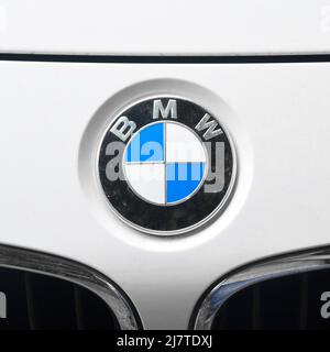 BMW chrome metal logo, luxury car in Istanbul city, August 15 2015 Istanbul Pendik Turkey used car market Stock Photo