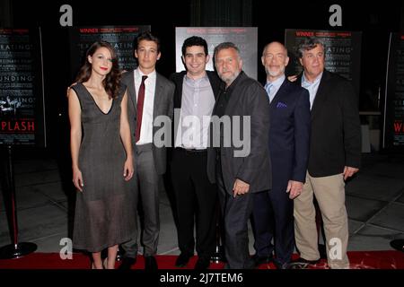 LOS ANGELES - OCT 6:  Melissa Benoist, Miles Teller, Damien Chazelle, Paul Reiser, JK Simmons at the 'Whiplash' Premiere at Bing Theatre At LACMA on October 6, 2014 in Los Angeles, CA Stock Photo