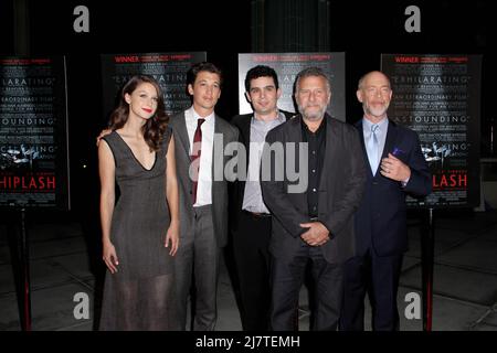 LOS ANGELES - OCT 6:  Melissa Benoist, Miles Teller, Damien Chazelle, Paul Reiser, JK Simmons at the 'Whiplash' Premiere at Bing Theatre At LACMA on October 6, 2014 in Los Angeles, CA Stock Photo