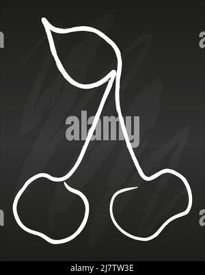 Vector monochrome illustration of cherries logo Simple outline design chalk blackboard Stock Vector