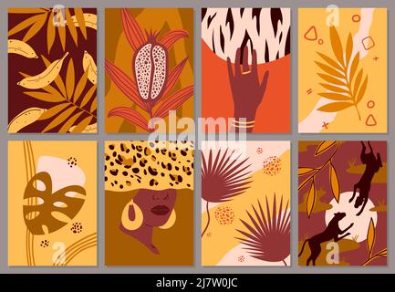 African jungle, animals in contemporary art, abstract silhouettes and female portrait Stock Vector