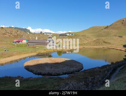 Beautiful view of Ancient Parashar rishi temple and Prashar lake located at an altitude of 2,730 meters (8,960 ft) in District Mandi, Himachal Pradesh Stock Photo