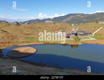 Beautiful view of Ancient Parashar rishi temple and Prashar lake located at an altitude of 2,730 meters (8,960 ft) in District Mandi, Himachal Pradesh Stock Photo