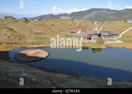 Beautiful view of Ancient Parashar rishi temple and Prashar lake located at an altitude of 2,730 meters (8,960 ft) in District Mandi, Himachal Pradesh Stock Photo