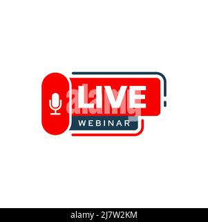 Live webinar icon or free online webcast button with retro microphone. Virtual training course, seminar or lesson of web education isolated red symbol with podcast or broadcast mic Stock Vector