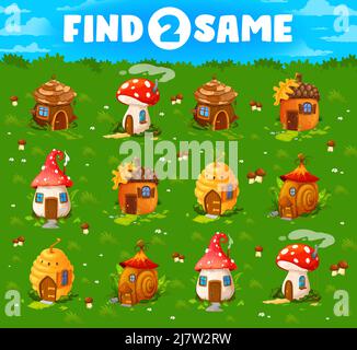 Find two same fairytale cartoon houses kids game worksheet. Preschool child quiz, differences matching playing activity or children logical riddle with similarity finding task. Kids educational puzzle Stock Vector