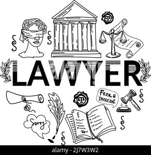 Lawyer inscription with symbols of law and justice, hand-drawn in sketch doodle style. Justice. Court. Oath. Testimony. The scales of justice. Documen Stock Vector