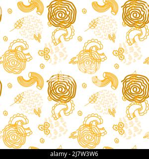 Different types of pasta on a white seamless background. Pasta. Spaghetti, horns. Elements drawn in doodle style. Italy. Suitable for packaging and te Stock Vector