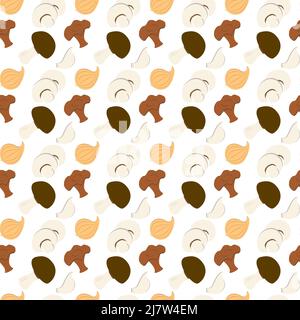 Seamless pattern of various mushrooms, onion heads and garlic cloves cartoon style. Great for notebook, inscriptions, lettering, napkins, towels, posters, banners. Stock Vector