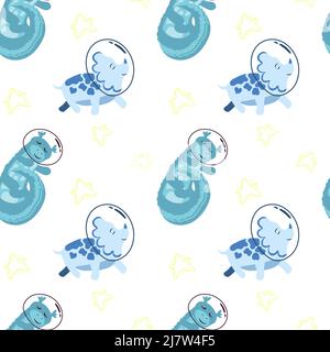 Seamless pattern of cute sleeping dinosaurs in space. Cartoon style vector. Dinosaur astronaut with stars around on white background Stock Vector