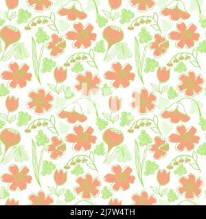 Seamless pattern of different kinds of spring flowers, hand-drawn doodles in sketch style. Spring. Tulips, daffodils and bellflowers. Silhouettes of f Stock Vector