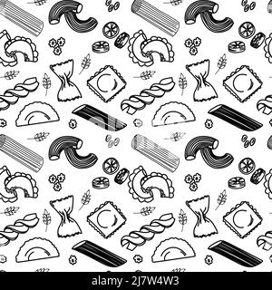 A seamless pattern of different kinds of macaroni, hand-drawn doodles in sketch style. Cooking. Italy. Pasta. Silhouettes of fettuccini, ravioli, etc. Stock Vector