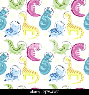 Seamless pattern of cute multicolored sleeping dinosaurs in space. Cartoon style vector. Dinosaur astronaut with stars around on white background Stock Vector