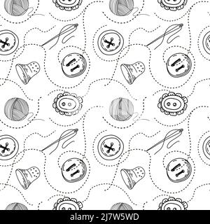 Seamless pattern of different kinds of needlework items, hand-drawn doodles in sketch style. Buttons, thread and needles. Silhouettes on white backgro Stock Vector