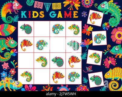 Cartoon mexican chameleons and flowers on kids sudoku game worksheet. Kindergarten kids playing activity, children logical puzzle vector worksheet. Child educational quiz with mexico jungle lizard Stock Vector