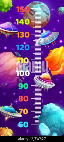 Kids height chart, cartoon galaxy starships, spaceships and starcrafts in space, vector growth meter. Child height scale and tall measurement rule with alien UFO saucers and fantasy galactic planets Stock Vector