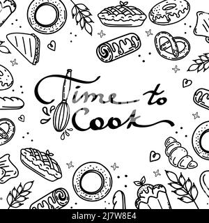 The stylized lettering is handwritten. Poster showing baked goods, desserts, and wheat. Time to cook. Kitchen cafe restaurant decor. Whisk with drippi Stock Vector
