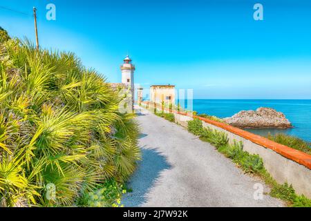 Stunning sunny day over Capo Zafferano Lighthouse. Popular travel destination of Mediterranean sea. Location: Santa Flavia, Province of Palermo, Sicil Stock Photo