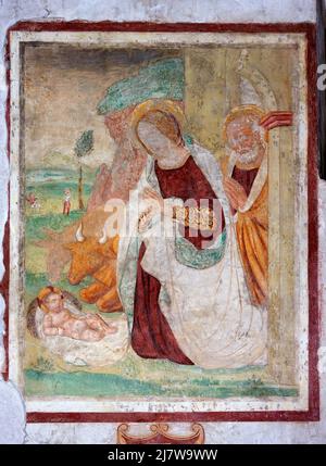 Natività di Gesù  - affresco - pittore lombardo - XVI secolo  - Fontanella Grazioli (Mn) ,Italia,Santuario della Madonna della Malongola Stock Photo