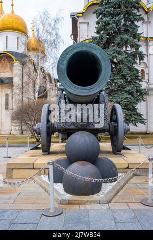 Moscow, Russia - April 10, 2022: Tsar-Cannon in the Moscow Kremlin on a cloudy April day in Moscow, Russia Stock Photo