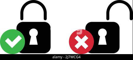 Locked and unlocked icons. Security icon with check mark and cross mark. Editable vector. Stock Vector