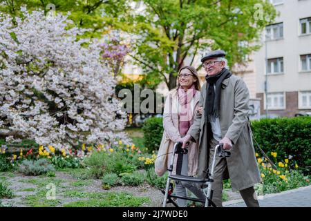 Senior man with walking frame and adult daughter outdoors on a walk in park. Stock Photo