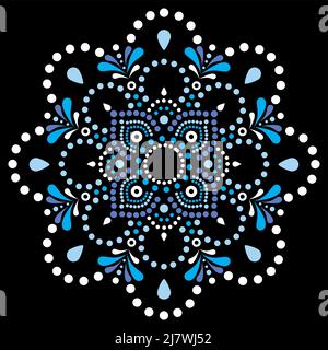 Australian folk art mandala vector design, traditional Aboriginal decoration in blue and white on black background. Stock Vector