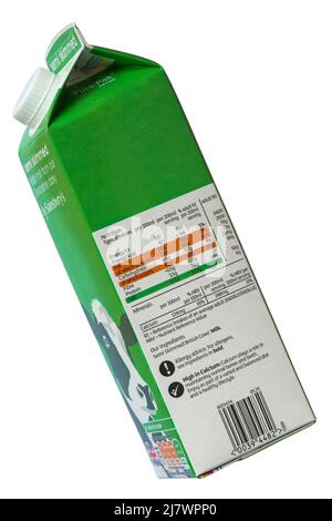 Nutritional information traffic lights system labelling colour coded label information on carton of semi skimmed British milk by Sainsbury's Stock Photo