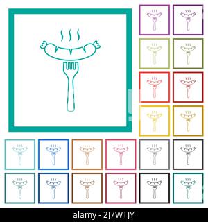 Grilled sausage on fork outline flat color icons with quadrant frames on white background Stock Vector