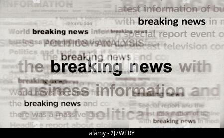 Headline news across international media with Breaking news and information. Abstract concept of news titles broadcasting on noise displays. TV glitch Stock Photo