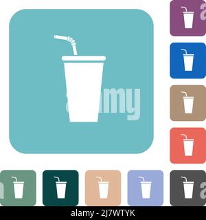 Disposable drinking cup with straw white flat icons on color rounded square backgrounds Stock Vector