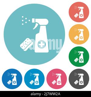 Disinfection spray and sponge flat white icons on round color backgrounds Stock Vector