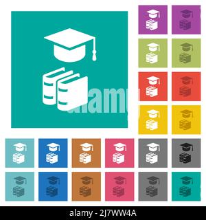 Graduation cap with books multi colored flat icons on plain square backgrounds. Included white and darker icon variations for hover or active effects. Stock Vector
