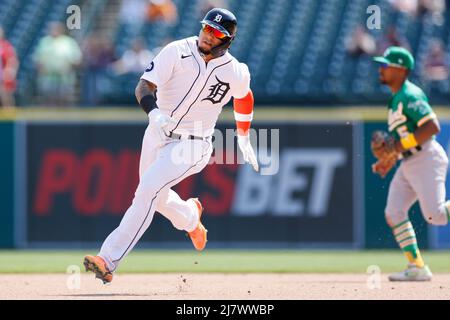 DETROIT, MI - MAY 10: Detroit Tigers shortstop Javier Baez (28) runs around the bases to score on a double by third baseman Jeimer Candelario (46) in the seventh inning against the Oakland Athletics at Comerica Park on May 10, 2022 in Detroit, Michigan. (Joe Robbins/Image of Sport) Stock Photo