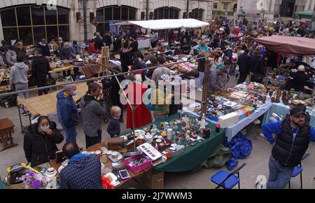 Santander, Spain - May 01, 2022:  Visitors flock into busy Sunday flea market held outside  Mercado de la Esperanza in Santander Stock Photo