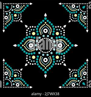 Aborignal style floral mandala with corners dot painting vector design,  Australian folk art square composition in green on black background Stock Vector