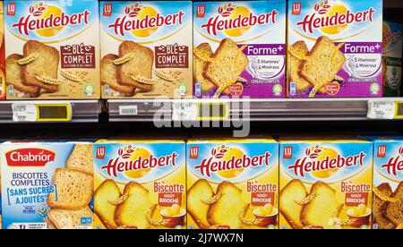 different types of breads on the market counter Stock Photo