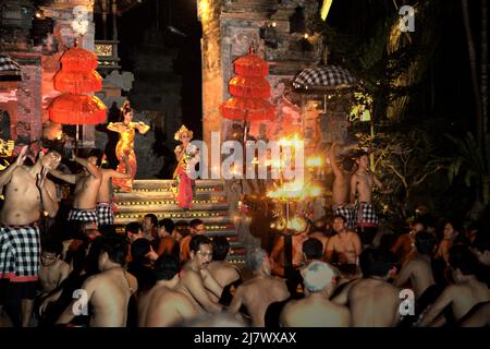 Women dancers performing during kecak and fire dance show in Ubud, Gianyar, Bali, Indonesia. Stock Photo