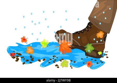 Leg with shoe, puddle, maple leaves and rain drops isolated on white background. Feet step in puddle. Leg in fall water. Autumn season concept. Vector Stock Vector